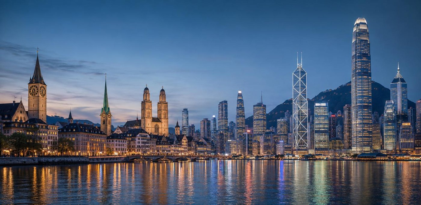 Zurich's old town and the Hong Kong skyline merged into a single waterfront: St. Peter's clock tower, the Fraumunster spire and the Grossmunster twin towers on the left, the Bank of China Tower and the IFC tower on the right.